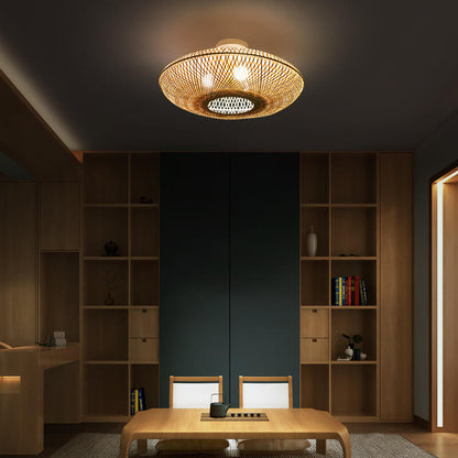 Japanese Bamboo Weaving Round Flying Saucer 3-light Semi-flush Mount Light
