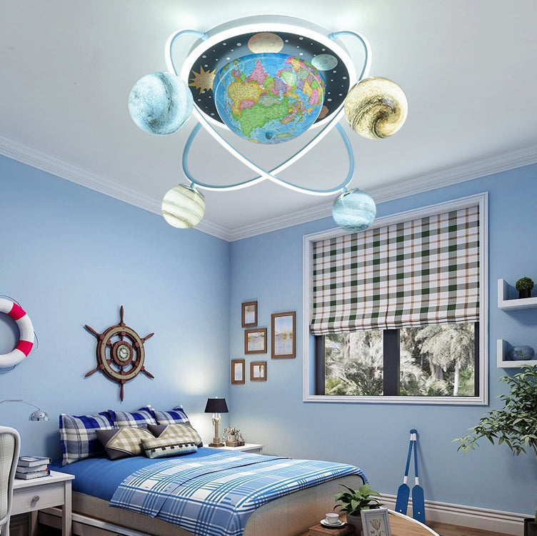 Lumendat Contemporary Creative Kids Round Earth Planet Hardware Acrylic Glass LED 4-Light Flush Mount Ceiling Light For Bedroom Lumendat