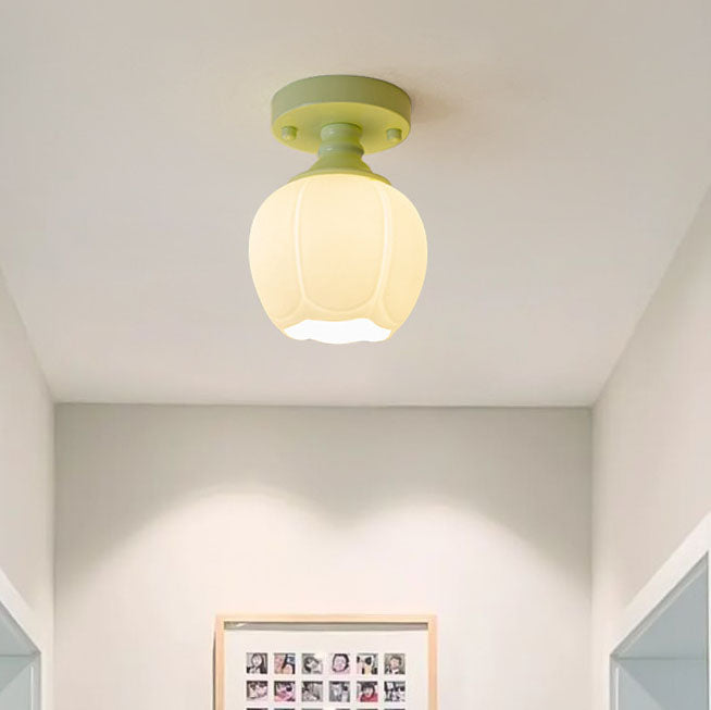 Nordic Fresh Green Floral Glass 1-light Semi-flush Mount Ceiling Light