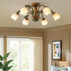 Traditional Rustic Floral Iron Glass 6/8/10 Light Semi-Flush Mount Ceiling Light For Living Room Lumendat