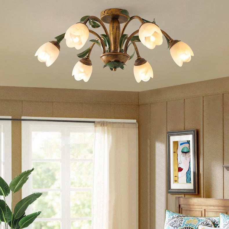Traditional Rustic Floral Iron Glass 6/8/10 Light Semi-Flush Mount Ceiling Light For Living Room Lumendat