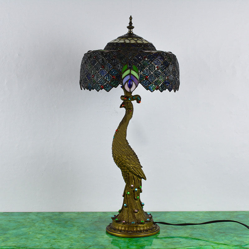 Vintage Tiffany Peacock Gem Dome Glass Resin 1-Light Table Lamp Lumendat