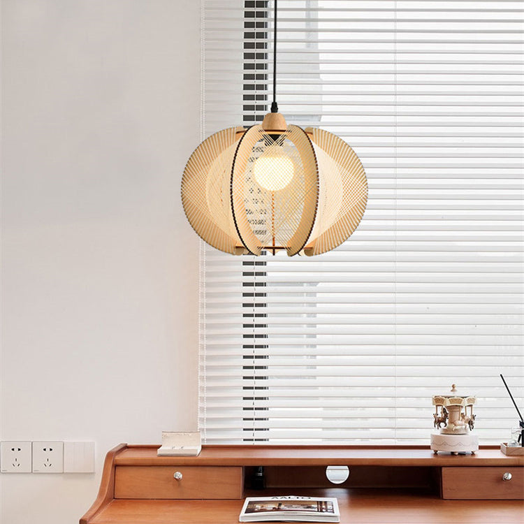 Traditional Japanese Pumpkin Round Twine Rope Wooden 1-light Pendant Light for Bedroom