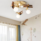 Contemporary Nordic Kids Iron Rubber Wood Glass Plane Cloud Ball 6-light Flush Mount Ceiling Light for Bedroom