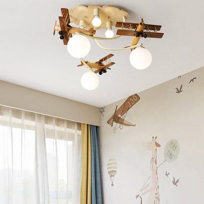 Contemporary Nordic Kids Iron Rubber Wood Glass Plane Cloud Ball 6-light Flush Mount Ceiling Light for Bedroom