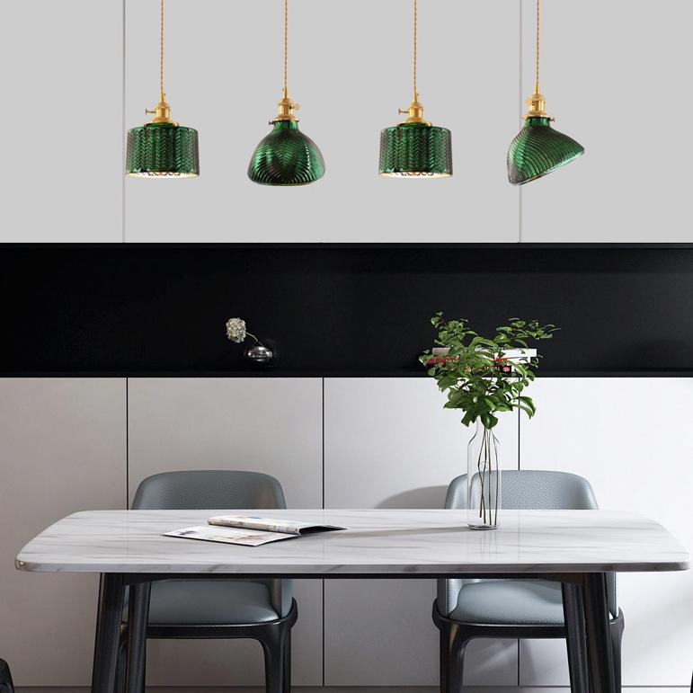 Nordic Vintage Tiffany Green Glass Island Chandelier – 1/2/3 Light, Brass