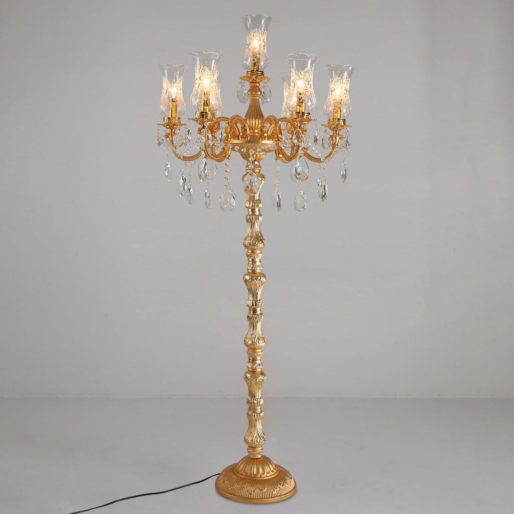 Traditional Luxury Golden Crystal Zinc Alloy Candle Holder 7-Light Standing Floor Lamp For Bedroom Lumendat