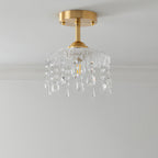 Traditional French Round Iron Copper Glass Crystal 1-Light Semi-Flush Mount Ceiling Light For Bedroom