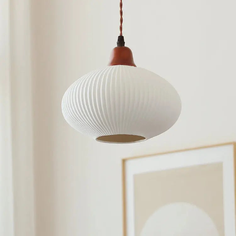 Japanese Vintage Pleated Ceramic Round Dome Wood 1-light Pendant Light Lumendat