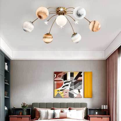 Contemporary Creative Starry Sky Moon Iron Glass 13-light Semi-flush Mount Ceiling Light for Bedroom