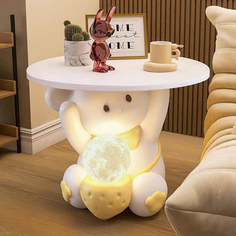 Lumendat Modern Art Deco Kids Rabbit Round Plate Rectangular Drawer Resin Wood Enamel End Table 1-Drawer With LED Light For Bedroom Lumendat