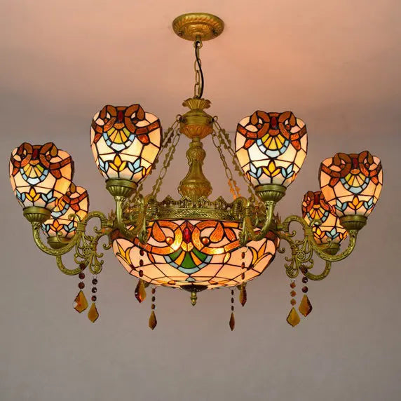Traditional Tiffany Bead Dome Baroque Iron Glass Alloy 8/11 Light Chandeliers for Living Room BulbSquare