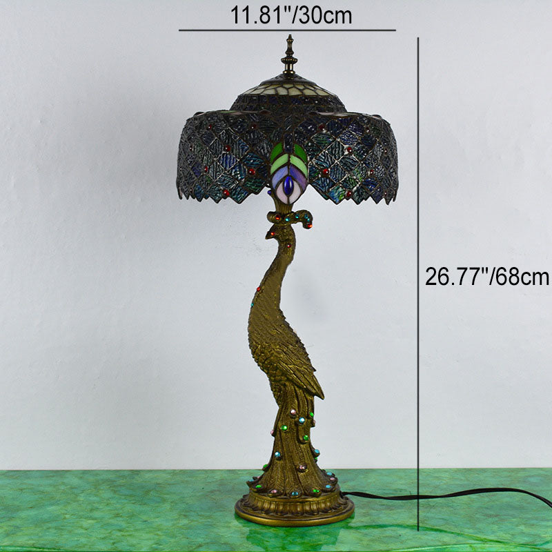 Vintage Tiffany Peacock Gem Dome Glass Resin 1-Light Table Lamp Lumendat