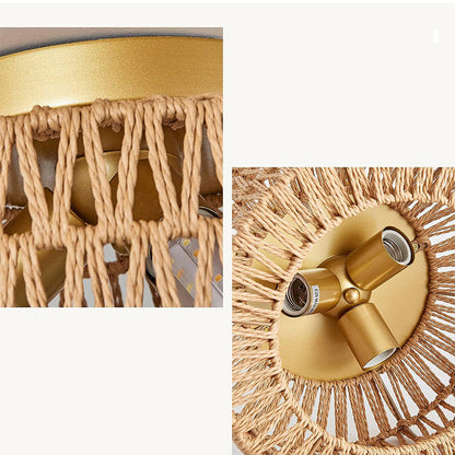 Contemporary Boho Rattan Weaving Cage 3-light Semi-flush Mount Ceiling Light for Living Room