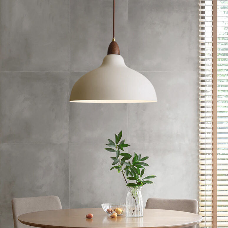 Japanese Simple Iron Dome Solid Wood Top 1-light Pendant Light BulbSquare