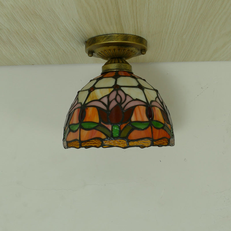 Traditional Tiffany Tulip Stained Glass Iron Dome 1-light Semi-flush Mount Ceiling Light for Living Room