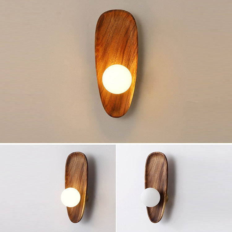 Traditional Japanese Irregular Oval Plate Wood Glass LED Wall Sconce Lamp For Bedroom Lumendat