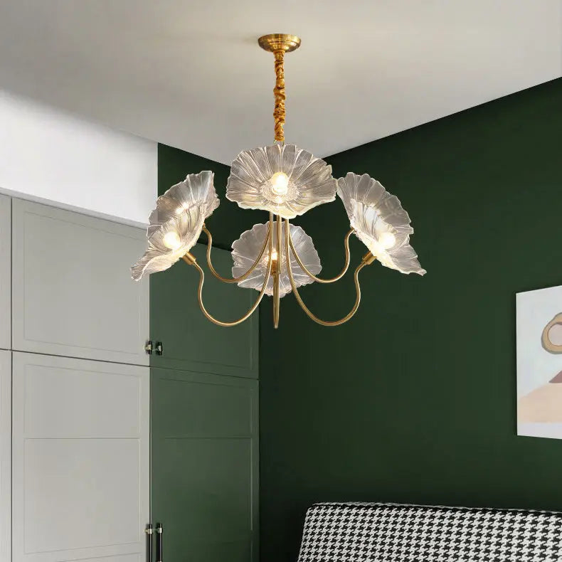 Modern Art Deco Gold Finish Frame Lotus Leaf Glass Shade 3/6-light Chandelier for Living Room Lumendat
