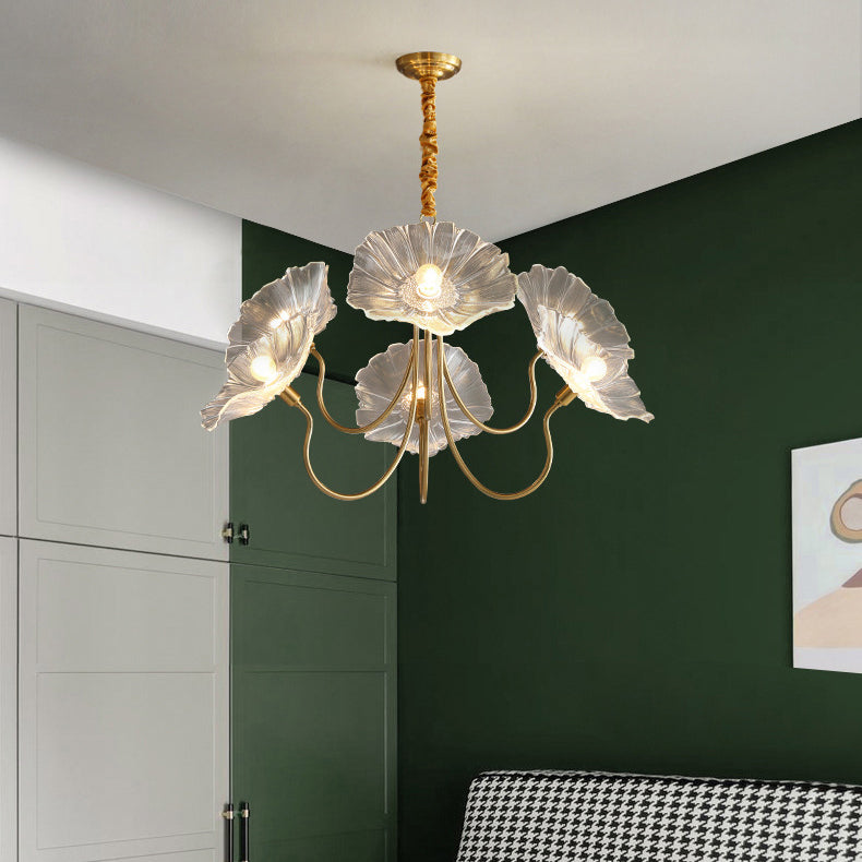 Modern Art Deco Gold Finish Frame Lotus Leaf Glass Shade 3/6-light Chandelier for Living Room