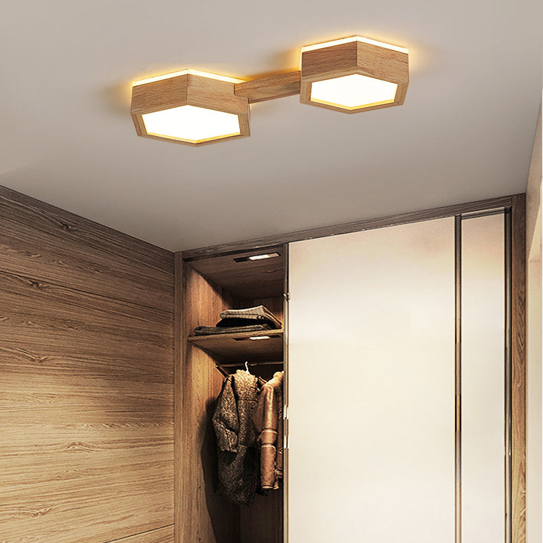 Traditional Japanese Hexagon Wood Acrylic LED Flush Mount Ceiling Light for Living Room
