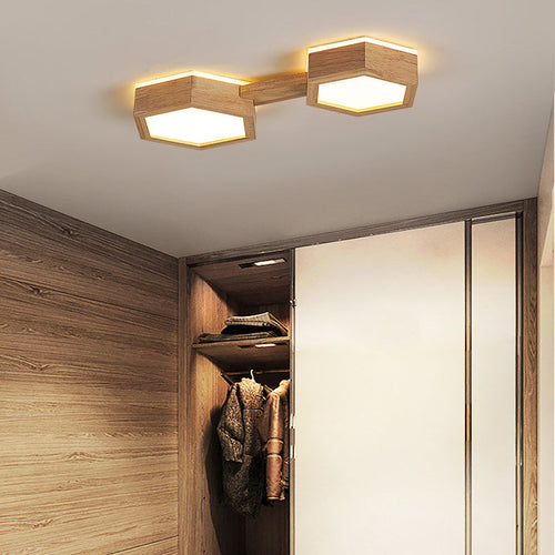 Traditional Japanese Hexagon Wood Acrylic LED Flush Mount Ceiling Light for Living Room