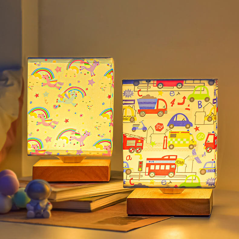 Lumendat Contemporary Creative Kids Rectangular Solid Wood Fabric LED Table Lamp For Bedroom Lumendat