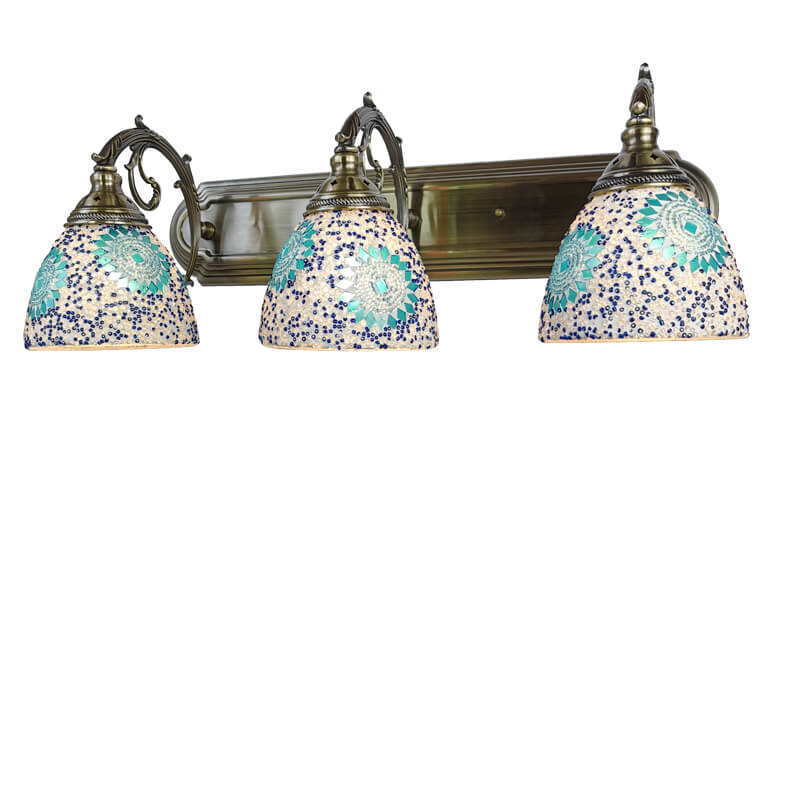 Tiffany Mediterranean Horn Stained Glass 3-Light Bathroom Vanity Mirror Front Wall Sconce Lamp Lumendat