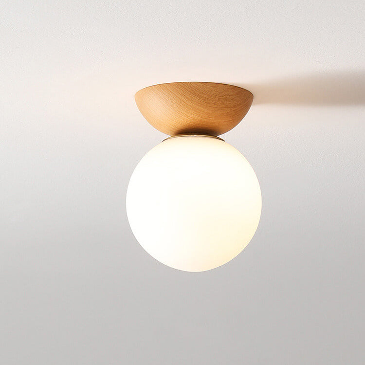 Japanese Minimalist Wood Grain Glass Round 1-Light Flush Mount Ceiling Light Lumendat