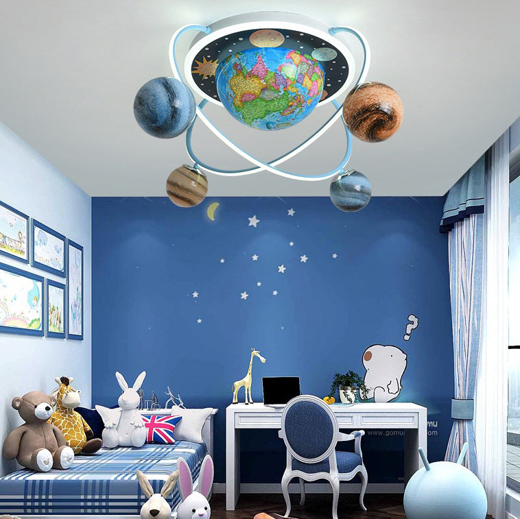 Lumendat Contemporary Creative Kids Round Earth Planet Hardware Acrylic Glass LED 4-Light Flush Mount Ceiling Light For Bedroom Lumendat