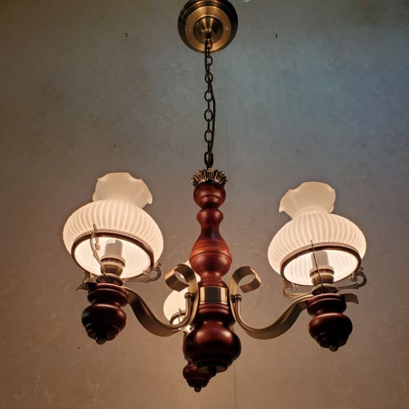 Traditional Rustic Candelabra Round Flower Iron Solid Wood 3-light Chandelier for Living Room