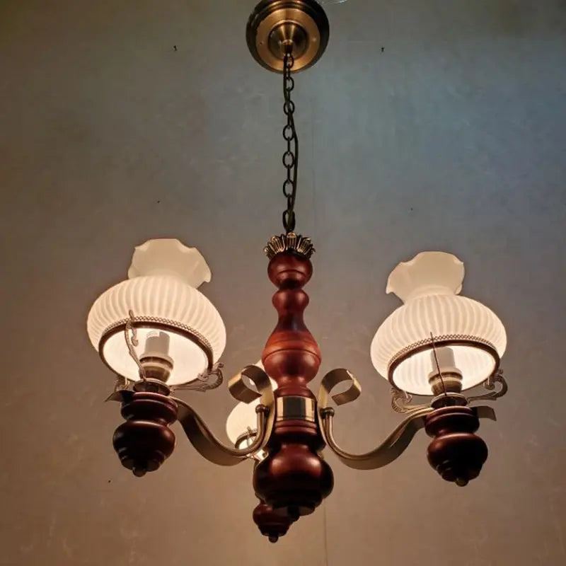 Traditional Rustic Candelabra Round Flower Iron Solid Wood 3-light Chandelier for Living Room BulbSquare