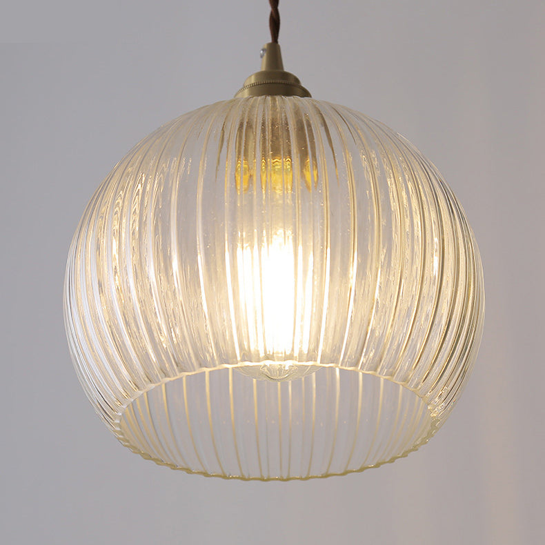 Modern Simplicity Ribbed Glass Semicircle Shade Copper 1-light Pendant Light for Living Room
