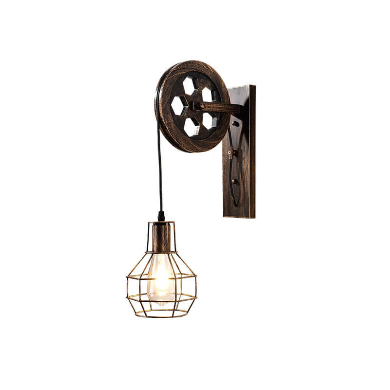 Vintage Industrial Iron Pulley Cage 1-Light Wall Sconce Lamp Lumendat