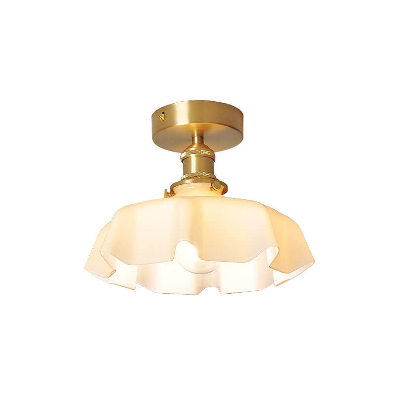 Japanese Vintage Cream Glass Floral Brass 1-Light Semi-Flush Mount Ceiling Light Lumendat