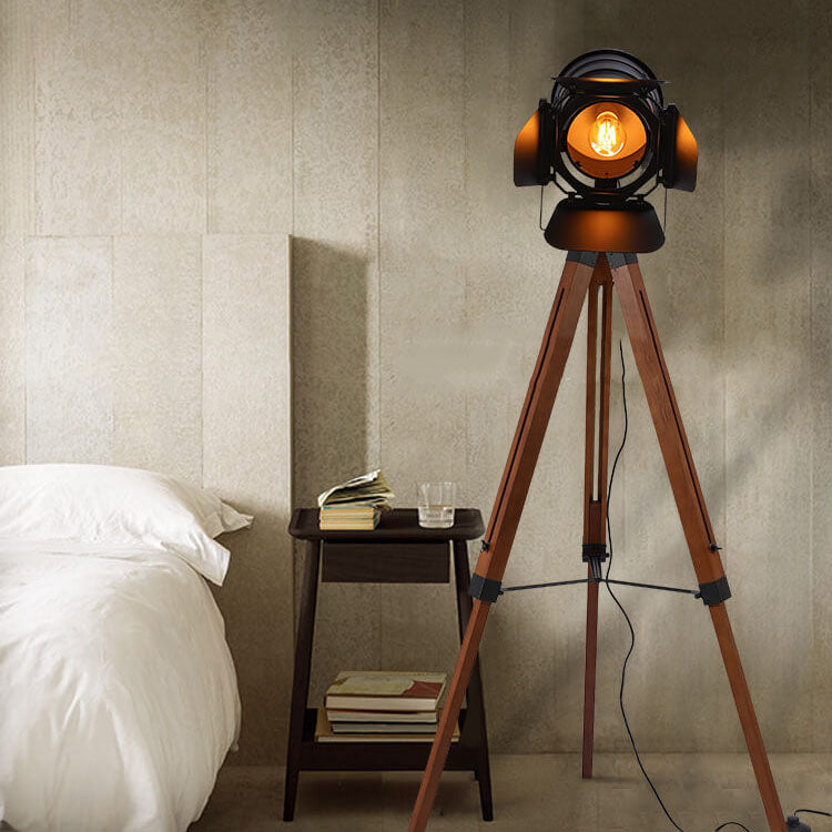 Industrial Vintage Solid Wood Iron Photographer Tripod 1-Light Standing Floor Lamp Lumendat