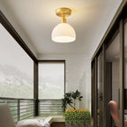 Modern Simplicity Antique Brass Frame Round Ribbed Glass 1-Light Semi-Flush Mount Ceiling Light For Dining Room