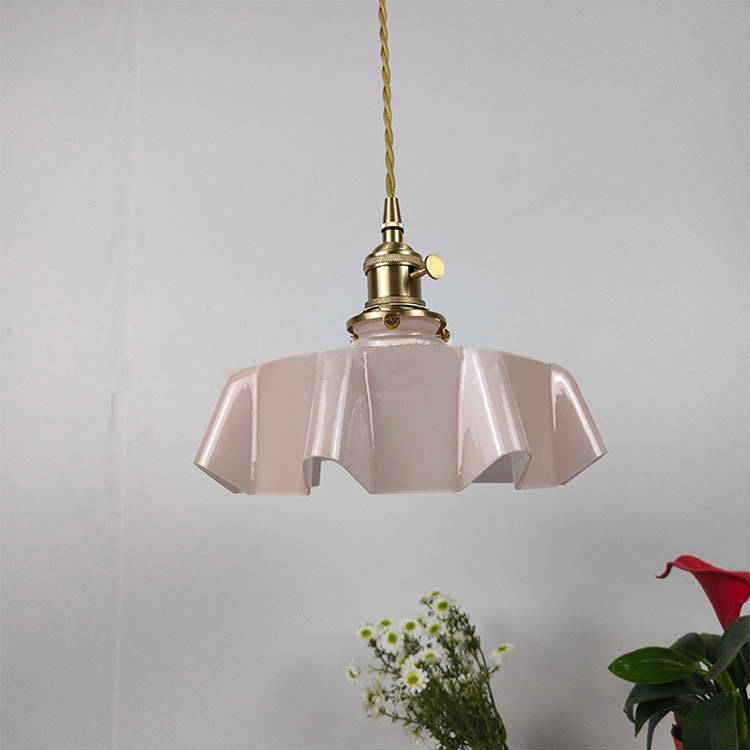 Traditional Japanese Cream Petal Glass Iron 1-Light Pendant Light For Dining Room