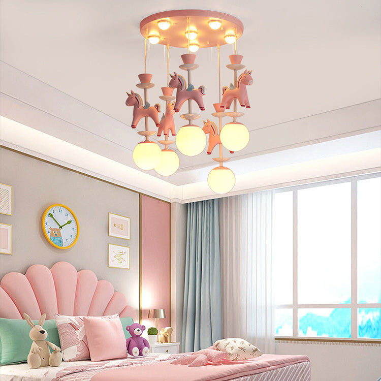Lumendat Modern Art Deco Kids Iron Resin Glass Round Base Ball Horse 1/3/5 Light Flush Mount Ceiling Light For Bedroom Lumendat