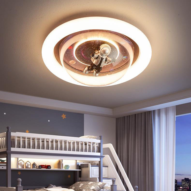 Contemporary Creative Cartoon Planet Resin Astronaut Acrylic Round Shade LED Kids Flush Mount Ceiling Light for Bedroom