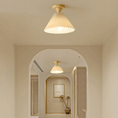 Japanese Simple Log Pleated Umbrella Cone 1-light Semi-flush Mount Ceiling Light