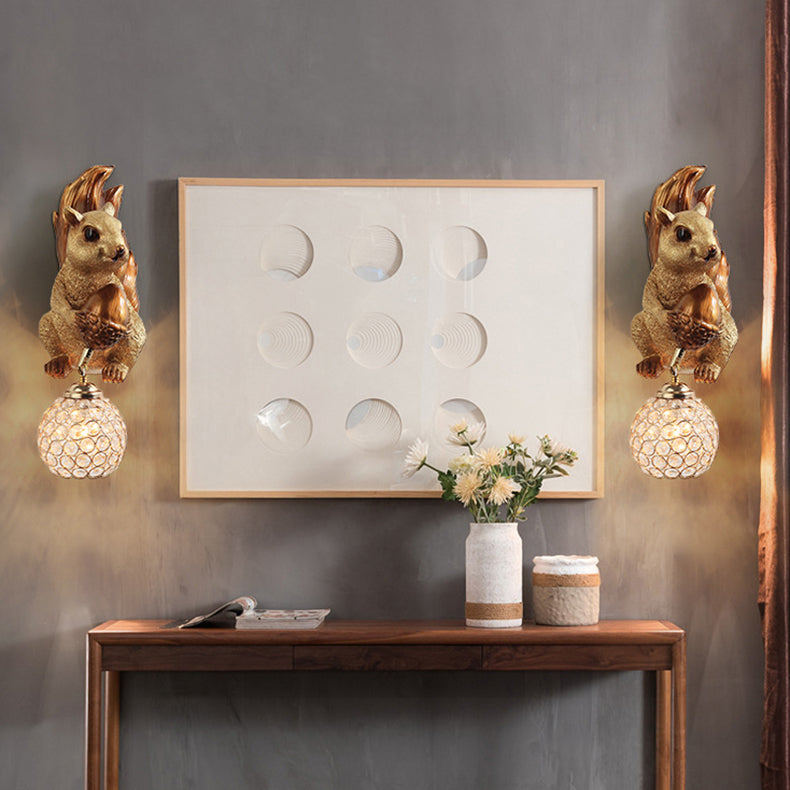 Lumendat Traditional European Kids Squirrel Ball Crystal Resin 1-Light Wall Sconce Lamp For Bedside Lumendat