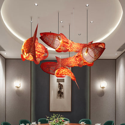 Traditional Chinese Koi Fish Iron Pvc Fabric 2/4 Light Chandelier for Dining Room