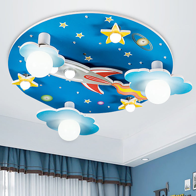 Lumendat Modern Art Deco Kids Wood Plastic Round Rocket Starry Sky LED Flush Mount Ceiling Light For Bedroom Lumendat