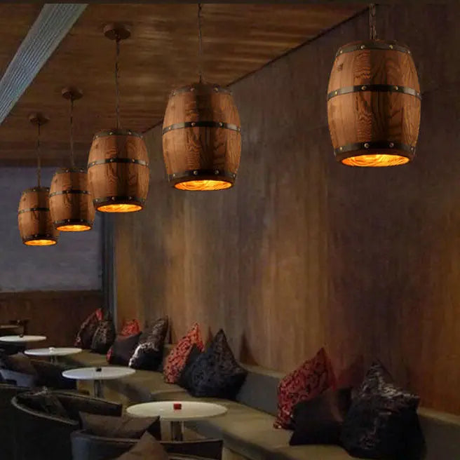 Traditional Rustic Round Wooden Wine Barrel 1-light Single Barrel Pendant Light for Dining Room Lumendat