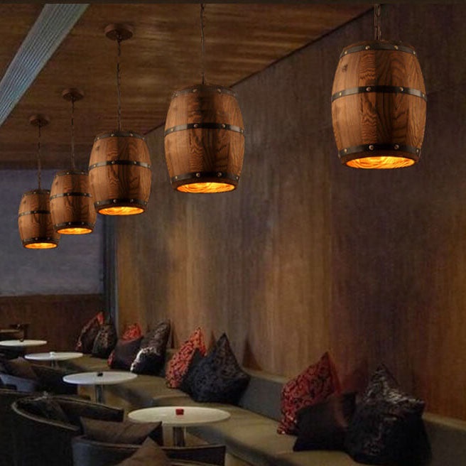 Traditional Rustic Round Wooden Wine Barrel 1-Light Single Barrel Pendant Light For Dining Room