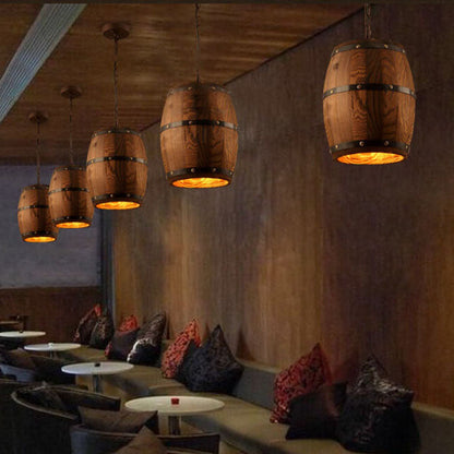Traditional Rustic Round Wooden Wine Barrel 1-Light Single Barrel Pendant Light For Dining Room
