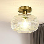 Modern Minimalist Round Patterned Spherical Glass Crystal Iron 1-Light Semi-Flush Mount Ceiling Light For Living Room