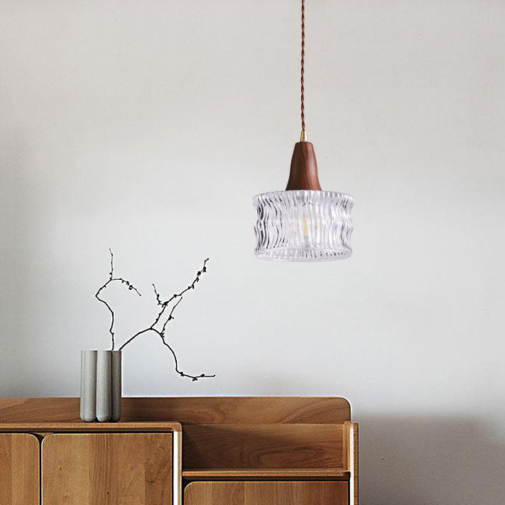 Modern Transitional Walnut Brass Round Glass Shade 1-light Pendant Light for Living Room