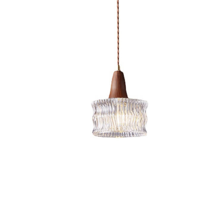 Nordic Vintage Glass Drum Jar Walnut Brass 1-Light Pendant Light