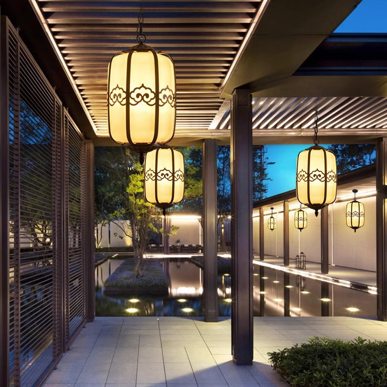 Traditional Chinese Imitation Marble Lantern Shade Aluminum 1-light Waterproof Pendant Light for Outdoor Patio